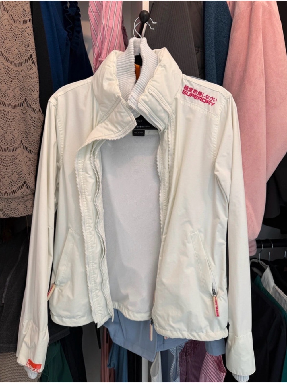 Superdry Women's Off-White Zip-Up Bomber Jacket with Pink Logo